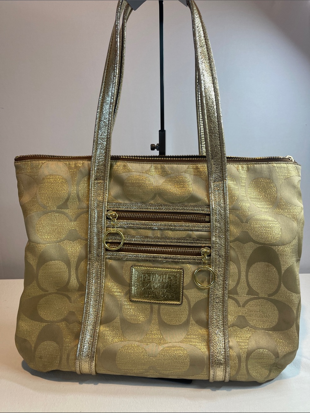 Coach Gold Signature Tote with Dual Zip Front Pockets